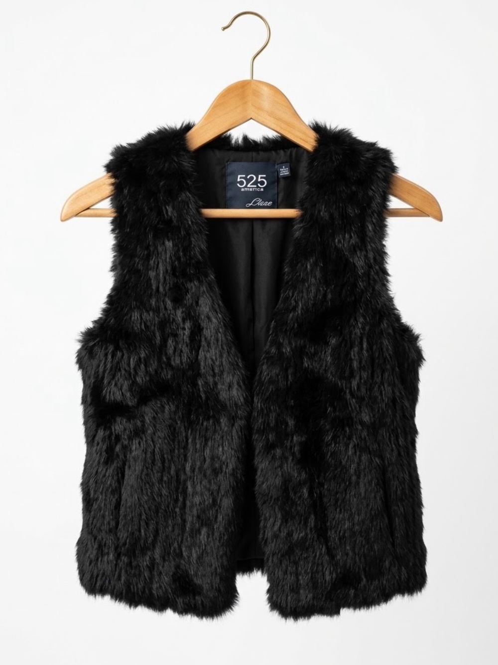 525 America Luxe Black 100% Rabbit Fur Vest Open Front Gilet S Mob Wife